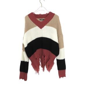 SHEIN Colorblock Sweater Pink Black Tan V-Neck Striped Sweater Small